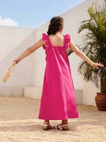 Tween Girls Vacation & Casual Sleeveless Loose Dress, Ruffle Hem, Rose Red, Suitable For Outing, Holiday, Daily, School, Summer - Hot Pink - View 2