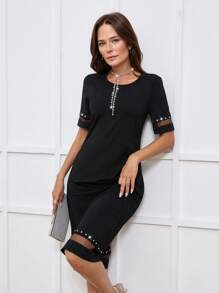 Miaspire Women's Elegant Rhinestone Embellished Round Neck Short Sleeve Mid-Length Dress, Suitable For Spring & Summer - Black - View 4