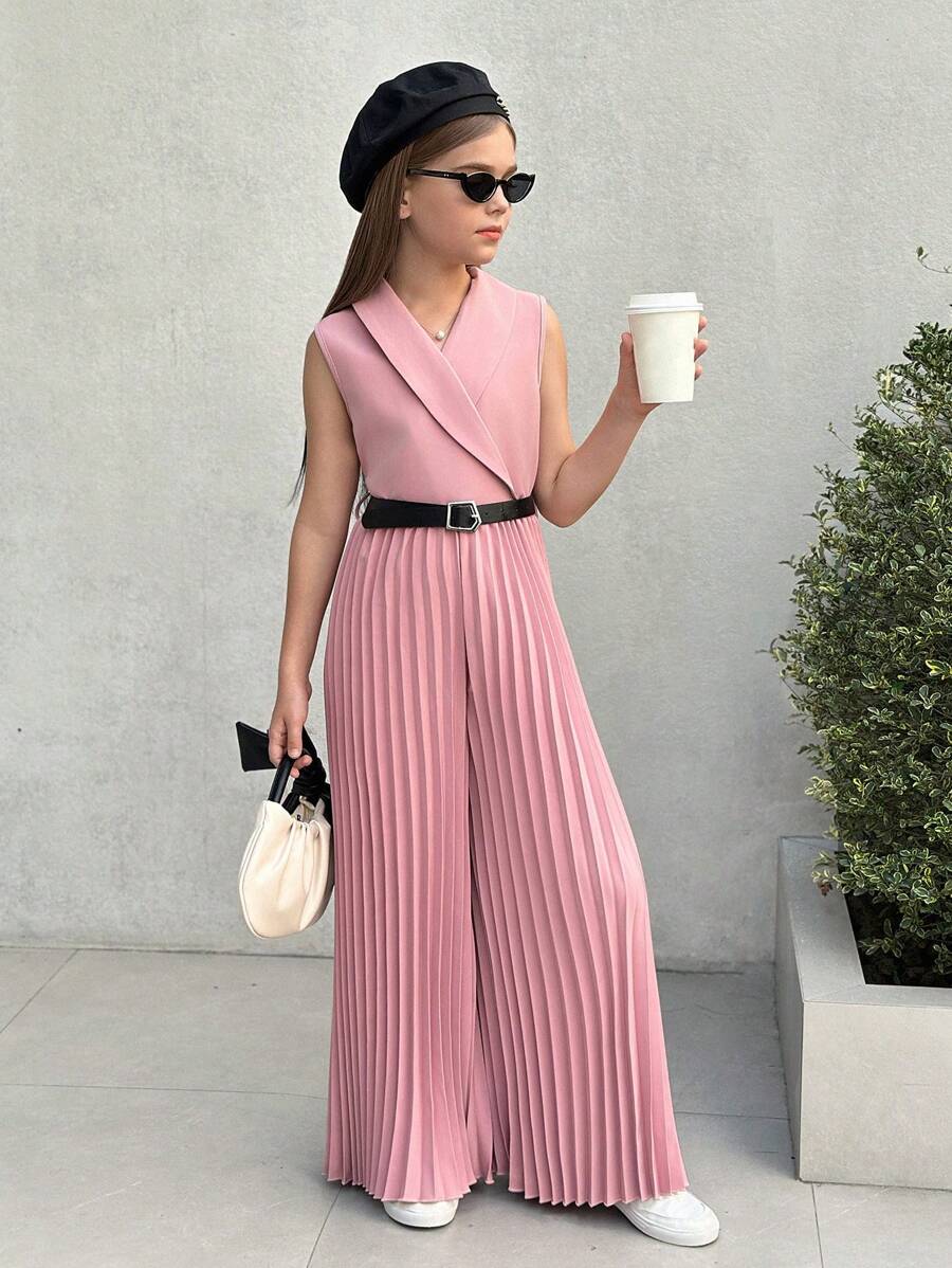 SHEIN Nova Glow Tween Girls Solid Lapel Collar Sleeveless Jumpsuits With Pleated Design, Urban Elegant Style - Baby Pink - View 1