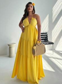 Firerie Đầm hở lưng bằng vải chiffon cỡ lớn cho nữ có dây buộc sau lưng, thích hợp cho kỳ nghỉ, đám cưới, tiệc tùng, đi chơi, hẹn hò ở bãi biển - Màu vàng - Xem 4