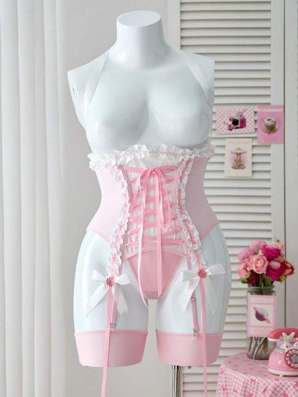 PetitDoll Cute Criss-Cross Tie-Up Slimming Ruched Frill Bra + Panty + Stockings 3 Pieces Set With Bow Ribbon Support Plus Size Lingerie