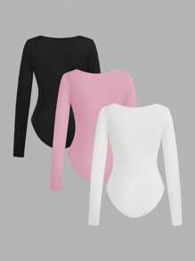 SHEIN EZwear 3 件套女士方领长袖紧身服装套装，适合夏季 - 彩色 - 查看 2