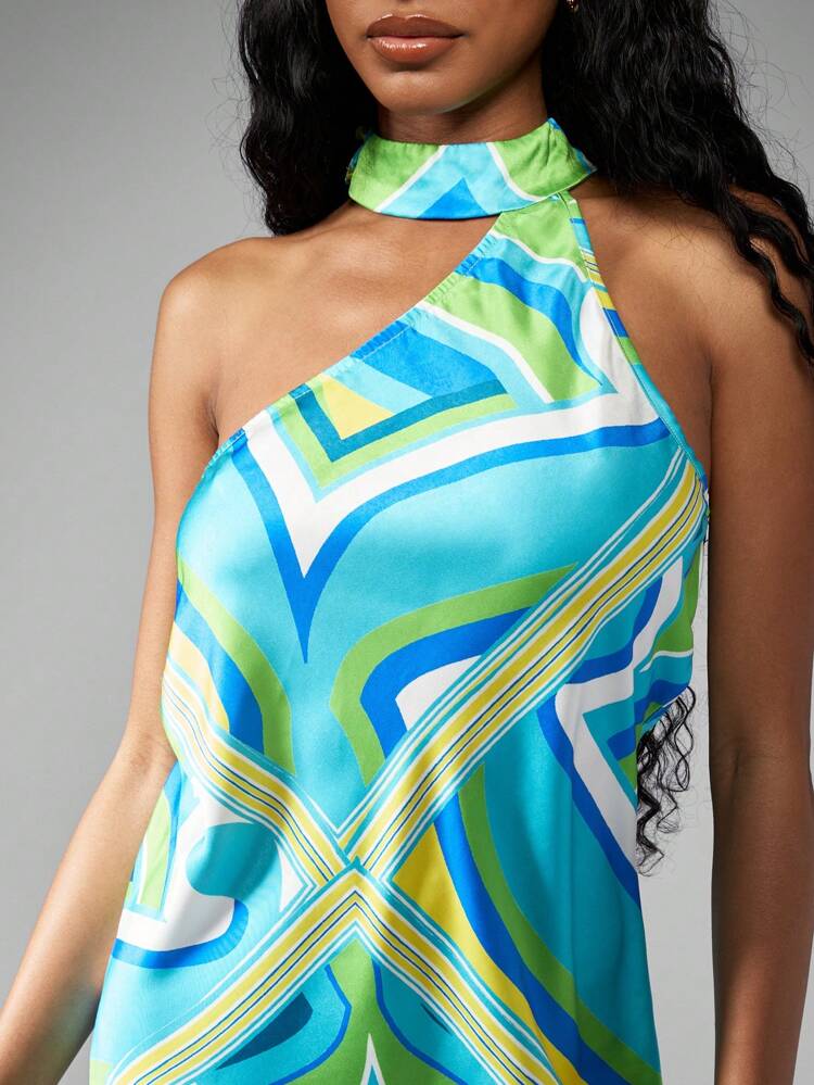 MISSGUIDED Asymmetric Halter Neck Mini Dress Geometric Print Clubwear Summer Party One Shoulder Design Beachwear Resort Wear Sleeveless Fashion Evening Out