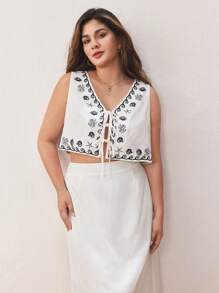 Maija Plus Size Women's Seaside Vacation Shell Starfish Print Sleeveless Strappy Vest, Elastic Waist Printed Skirt, Elegant And Fashionable Bohemian Beach Vacation Style Casual Loose Two Pieces Suit,White Classy Elegant,Vacation Outfits Woman,Summer Outfits For Women,Crop Tops Women,Vacation Two Pieces Set,Hawaii Outfits Women