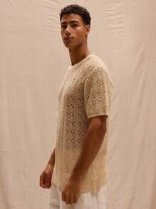 Musero 宽松轻盈钩针编织上衣，春夏街头风，假日海滩度假必备 - 杏色 - 查看 2