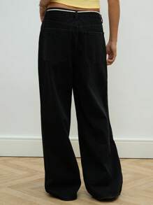 COUREZ 宽松牛仔裤，配抽绳腰带 / 女士夏季穿搭 / Y2K / 休闲 / 纯棉高街复古风 - 黑色 - 查看 6