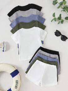 SHEIN Playful Pals 5pcs/Set Baby Boy Outfit,Textured Knit Round Neck Short Sleeve Tops & Elastic Waist Shorts,Black And White Checkered,Summer,Casual,Work Baby Clothes - Multicolor - View 2