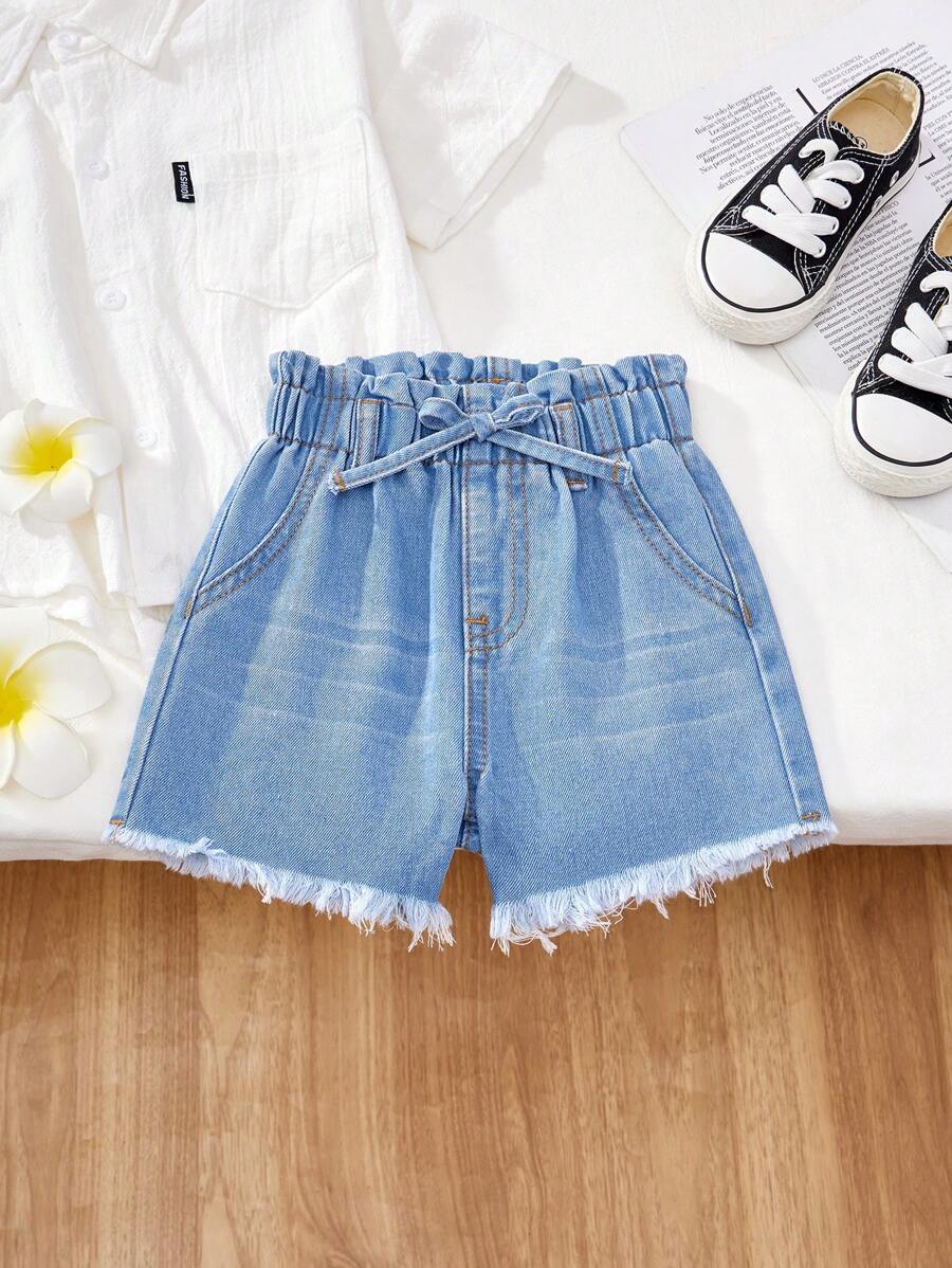 SHEIN Baby Girls' Blue Denim Ruffle Waist Loose Shorts - Light Wash - View 1