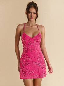 SHEIN BAE Váy ngắn buộc dây hở lưng đính sequin màu hồng trơn cho mùa xuân và mùa hè, váy nghỉ mát thanh lịch, váy phù dâu, phù hợp cho khu nghỉ dưỡng, bãi biển, lễ hội âm nhạc, sinh nhật, tiệc trưa, trang phục cho khách dự tiệc cưới - Màu Hồng Tươi - Xem 6