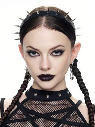 Grunge Punk 1pc Rivet Faux Leather Headband, White Subculture Rock Gothic Style