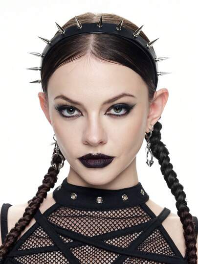 Grunge Punk 1pc Rivet Faux Leather Headband, White Subculture Rock Gothic Style