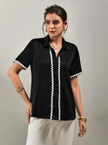 SHEIN Clasi Black Short Sleeve Lace Trim Women's Casual Blouse - Black and White - View 4