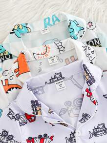 6pcs Young Boy Casual Car & Dinosaur Print Short Sleeve Cardigan Shirt And Shorts Pajama Sets