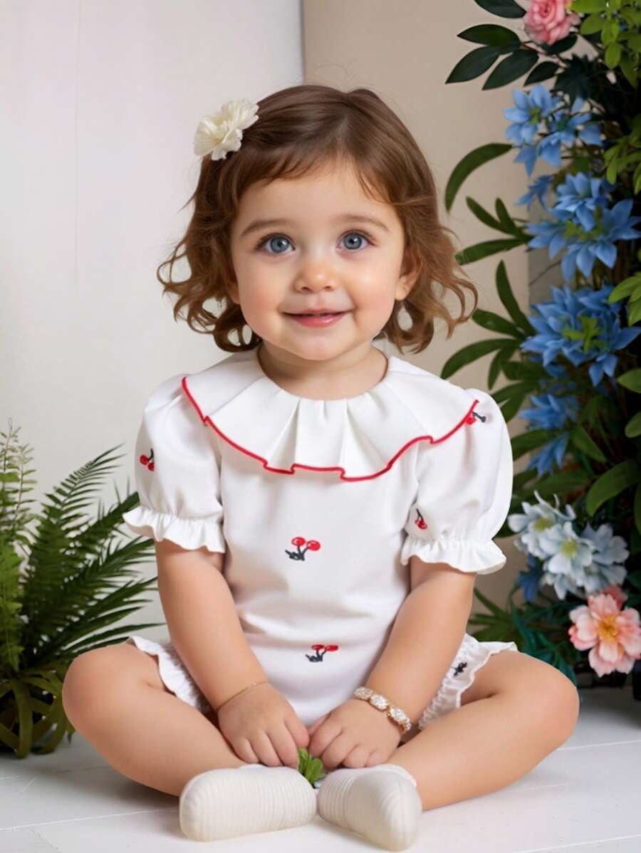 SHEIN Infant Girls' Pleated Peter Pan Collar Bubble Sleeves, Fruit & Cherry Print Jumpsuit With Hidden Zipper, Comfy & Cute Sweet Design, Suitable For Home & Outdoor, Spring/Summer/Autumn - Multicolor - View 1