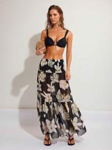 COSMINA Women's Summer Vacation Floral Print Flowy Skirt - Black - View 1