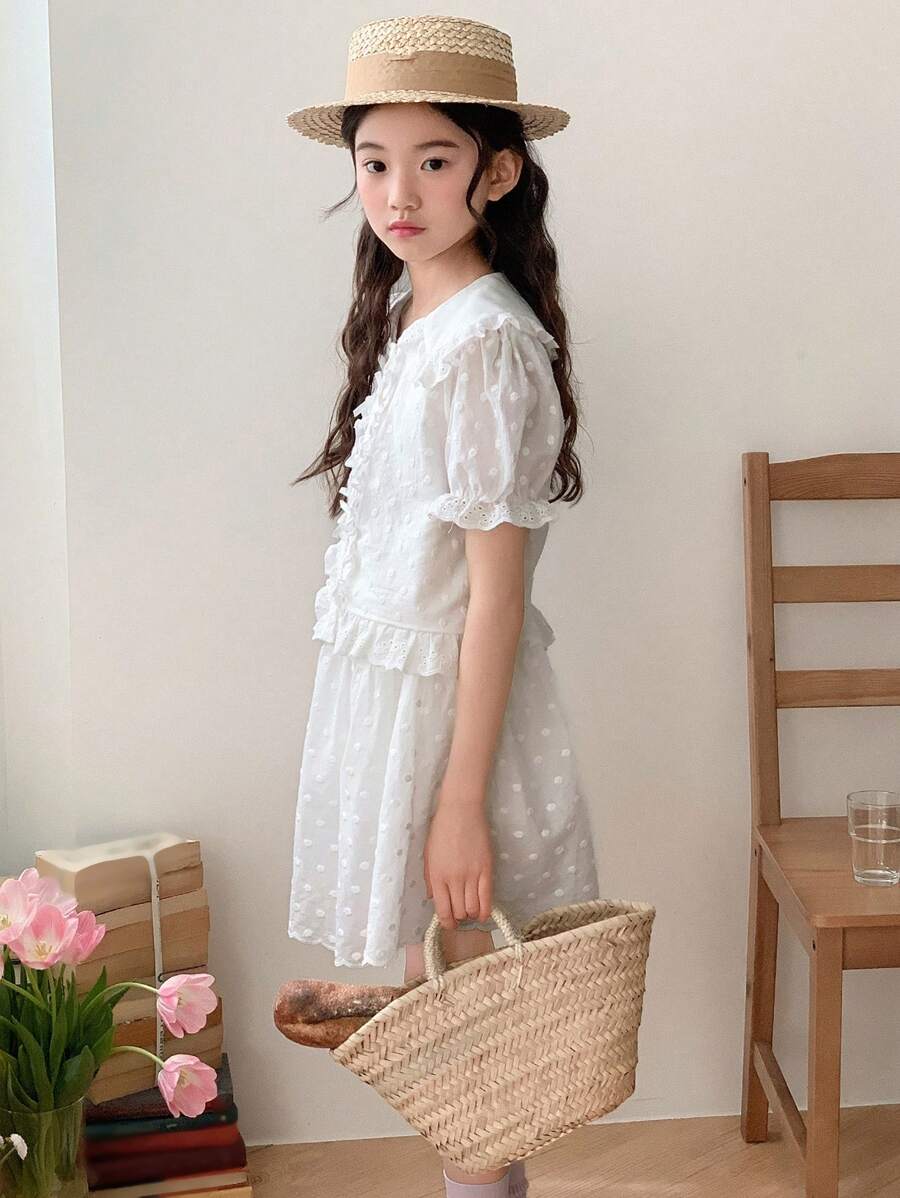 DAZY Tween Girls' Summer Fashionable Swiss Dot Puff Sleeve Top & Skirt 2-Piece Set Vacation - White - View 1