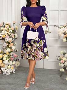 SHEIN Lady 蓝色印花修身女式连衣裙 教堂女装 A 字型优雅女式连衣裙 - 紫紅色 - 查看 5