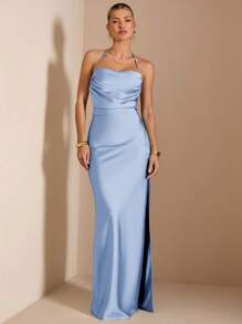 SHEIN BAE Vestido de satén tipo sirena con cuello atado, espalda descubierta y drapeado, para primavera y verano, vestido de dama de honor, vestido de satén, vestido sexy - Celeste - Ver 3