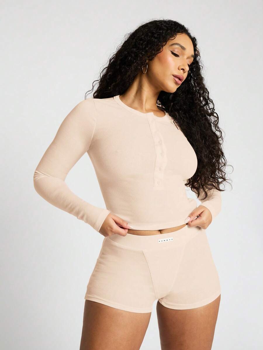 SUMWON WOMEN High Waist Ribbed Boxer Shorts Lounge Wear Spandex Booty Shorts Gym Workout Running - Beige - View 1