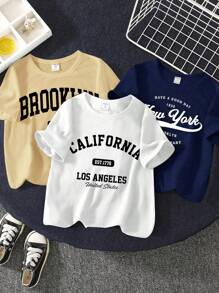 Young Boy Casual Minimalist Round Neck Short Sleeve T-Shirt, Suitable For Summer - Multicolor - View 1