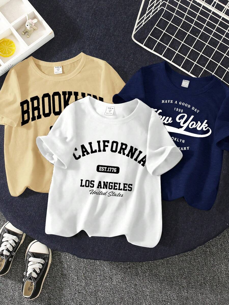 Young Boy Casual Minimalist Round Neck Short Sleeve T-Shirt, Suitable For Summer - Multicolor - View 1