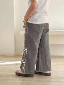 SHEIN Quần dài đến mắt cá chân họa tiết nơ giản dị màu xám cho bé gái - Xám - Xem 1