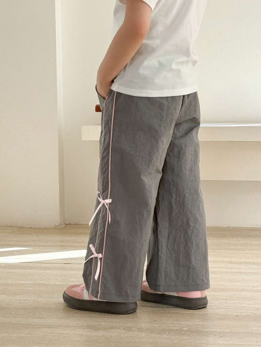 SHEIN Quần dài đến mắt cá chân họa tiết nơ giản dị màu xám cho bé gái - Xám - Xem 1