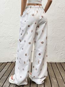 SHEIN EZwear Starfish & Shell Printed Lace-Up Comfy Plus Size Casual Pants Seashell Pants Boho Pants For Women