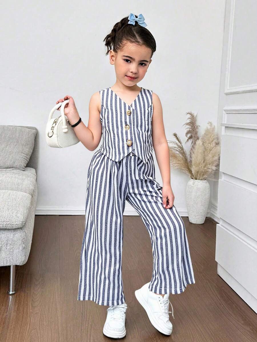 SHEIN Leap Crew Nova Glow 女童两件套：条纹休闲上衣和宽松休闲裤 - 藍色 - 查看 1