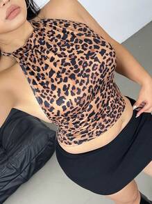 POPSWAY Plus Size Leopard Print Ruched Halter Neck Sleeveless Camisole - Khaki - View 1