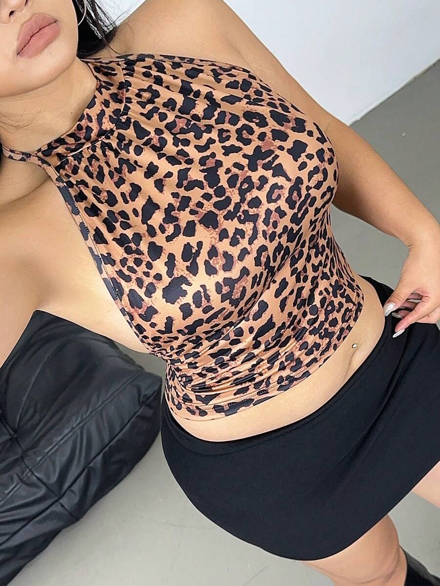 POPSWAY Plus Size Leopard Print Ruched Halter Neck Sleeveless Camisole - Khaki - View 1