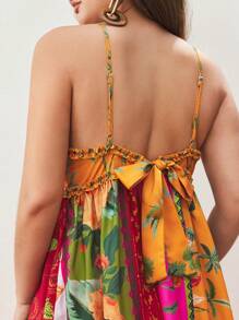Maija Plus Size Women's Pink Floral Tropical Print V-Neck Adjustable Strap Summer Boho Vacation Holiday Dress,Elegant Bohemian Beach Ruffles A-Line Outfits - Multicolor - View 5