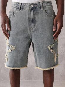 SUMWON Designer Distressed Denim Bermuda Shorts Raw Edge Hem Ripped Summer Casual Mid Rise Relaxed Shorts Street Fashion Festival Shorts - Blue - View 6
