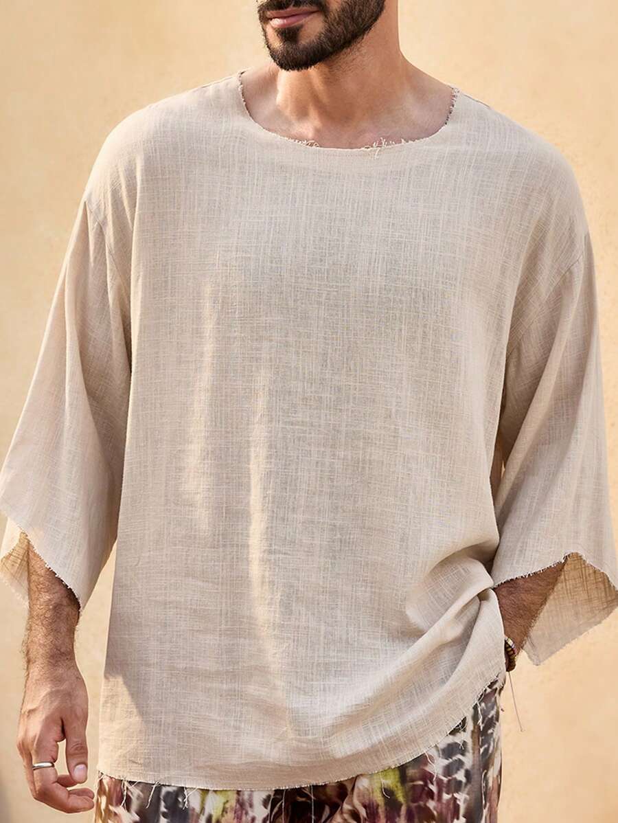 Manfinity BRENVOR 男士休闲梭织宽松短袖圆领套头衫，夏季 - 白色 - 查看 1