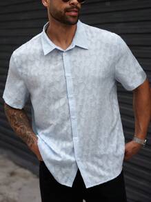 Manfinity Homme Men Plus Size Light Blue Textured Short Sleeve Button-Up Shirt, Summer Casual Vacation Solid Color Texture Fabric, Gift For Husband Boyfriend - Baby Blue - View 4