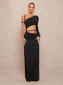 Lumalex Outing Summer Swimsuit Swimwear Swim Vacation Easter Bohemian BOHO Sea Beach Hot Outdoor Richly Layered Wedding Season Banquet Coming Of Age Ceremony Beach Seaside 1pc Women's One Shoulder One Sleeve Cropped Open Slit Maxi Straight Dress - Black - View 1