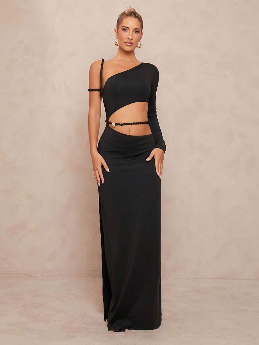 Lumalex Outing Summer Swimsuit Swimwear Swim Vacation Easter Bohemian BOHO Sea Beach Hot Outdoor Richly Layered Wedding Season Banquet Coming Of Age Ceremony Beach Seaside 1pc Women's One Shoulder One Sleeve Cropped Open Slit Maxi Straight Dress - Black - View 1