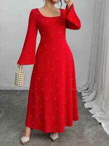 Elenzga Vestito lungo elegante da donna con maniche lunghe, scollo a U, decorato con perline, adatto a taglie forti