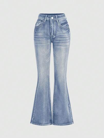Grunge Punk Vintage Washed Distressed Women Skinny Flare Jeans, Simple & Retro