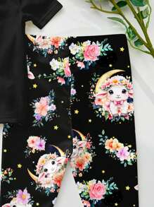 SHEIN 可爱绵羊印花，花卉图案，女婴休闲简约修身圆领短袖裤家居服，适合夏季，修身款，适合开斋节、家庭聚会 - 彩色 - 查看 6