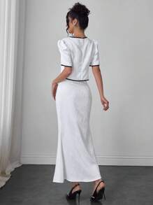 Modelyn 2 件套圆领蝴蝶结点缀拼色上衣和 3D 花卉面料鱼尾裙 - 黑與白 - 查看 4