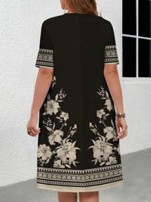 EMERY ROSE Váy midi tay ngắn họa tiết hoa nghệ thuật cho kỳ nghỉ xuân/hè cỡ lớn 2025, thích hợp cho buổi họp mặt Ngày của Mẹ - Nhiều màu - Xem 2