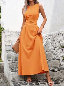 SHEIN Clasi Minimalist Wrap Dress, Solid Color Suitable For Summer - Orange - View 4