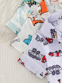 6pcs Young Boy Casual Car & Dinosaur Print Short Sleeve Cardigan Shirt And Shorts Pajama Sets