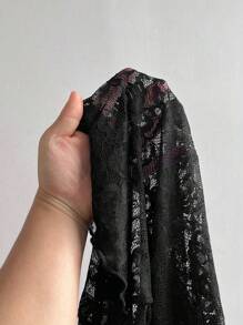 SHEIN Tall CURVE 大码女式性感紧身透视蕾丝长袖上衣，简约高领T恤，黑色，春秋季 - 黑色 - 查看 6