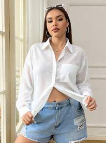SHEIN EZwear 加大码夏季休闲度假衬衫，纯色长袖，时尚适合夏季 - 白色 - 查看 6