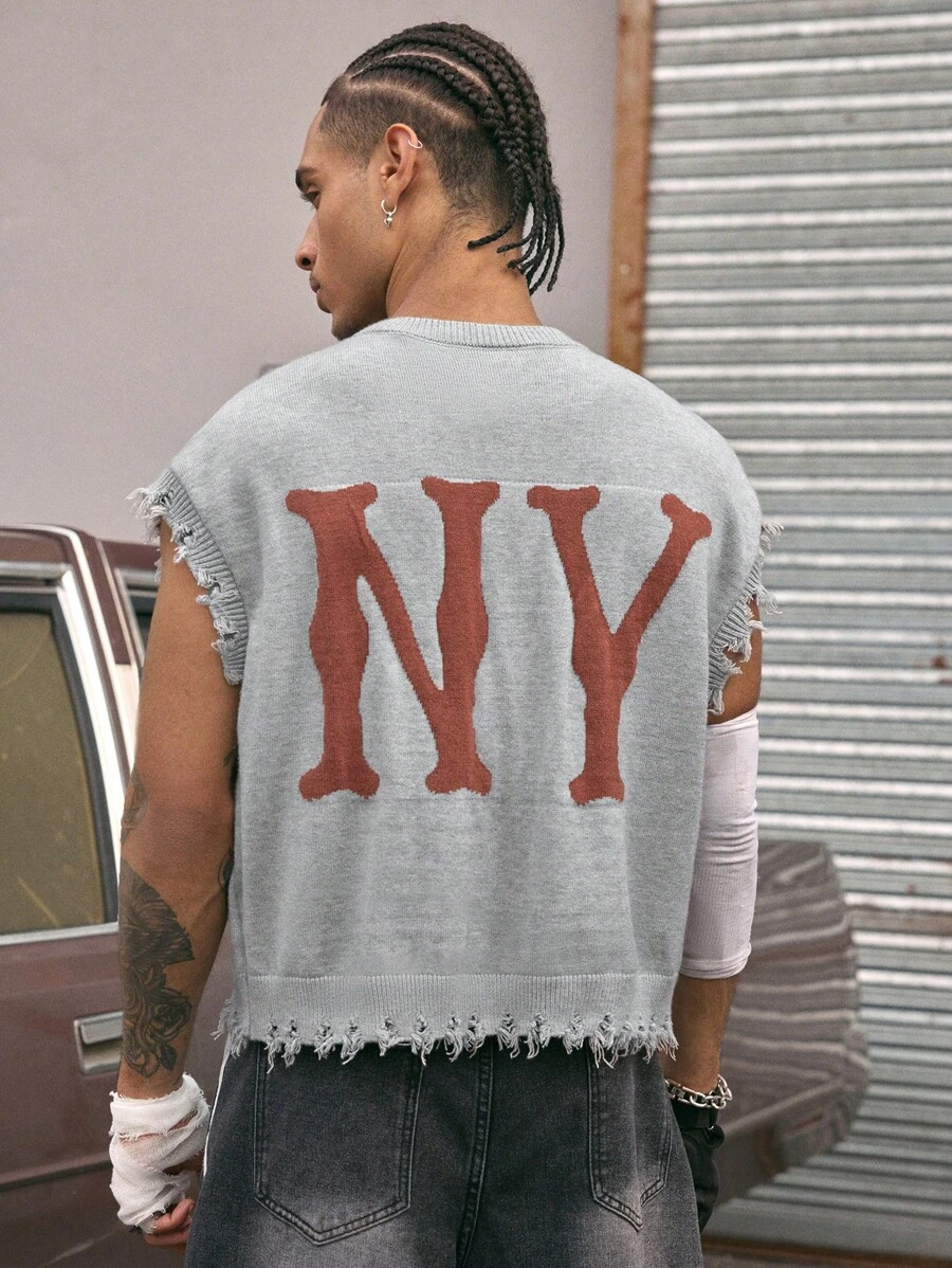 AXEPEAK Men's Letter Print Distressed Knit Vest, School, Streetwear Style - Light Grey - View 1
