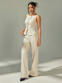 SHEIN PETITE 女士纯色条纹圆领单排扣马甲裤优雅通勤套装夏秋季女装西装办公室套装商务休闲女两件套夏季办公室套装女装西装女士西装外套办公室仙女老款风 - 卡其色 - 查看 3