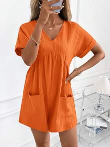 SHEIN Clasi Women's V-Neck Green Wave Print Short Sleeve Romper, Elegant Vacation & Daily Wear Jumpsuit - Orange - View 6