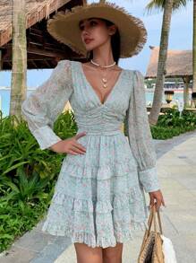DAZY Robe courte à col en V, style vacances, avec imprimé floral, taille cintrée et volants. Tenue de plage, robe d'automne à manches longues, style bohème - Bleu azur - Voir 4